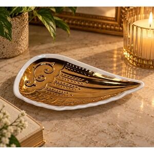 Hallmark Gold Embossed Angel Wing Ceramic Tray Heritage Collection 8.5"